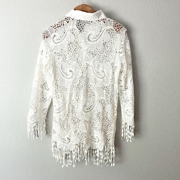 Simply Couture White Eyelet Lace Fringe Button Down Long SleeveTop Women's XL - Picture 9 of 12